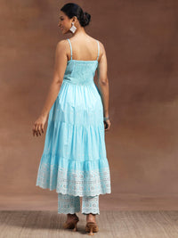 The Kiara Cut Blue Self Design Cotton Anarkali Kurta with Trousers