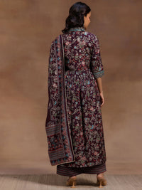 Burgundy Printed Silk Blend A-Line Kurta with Palazzos & Dupatta