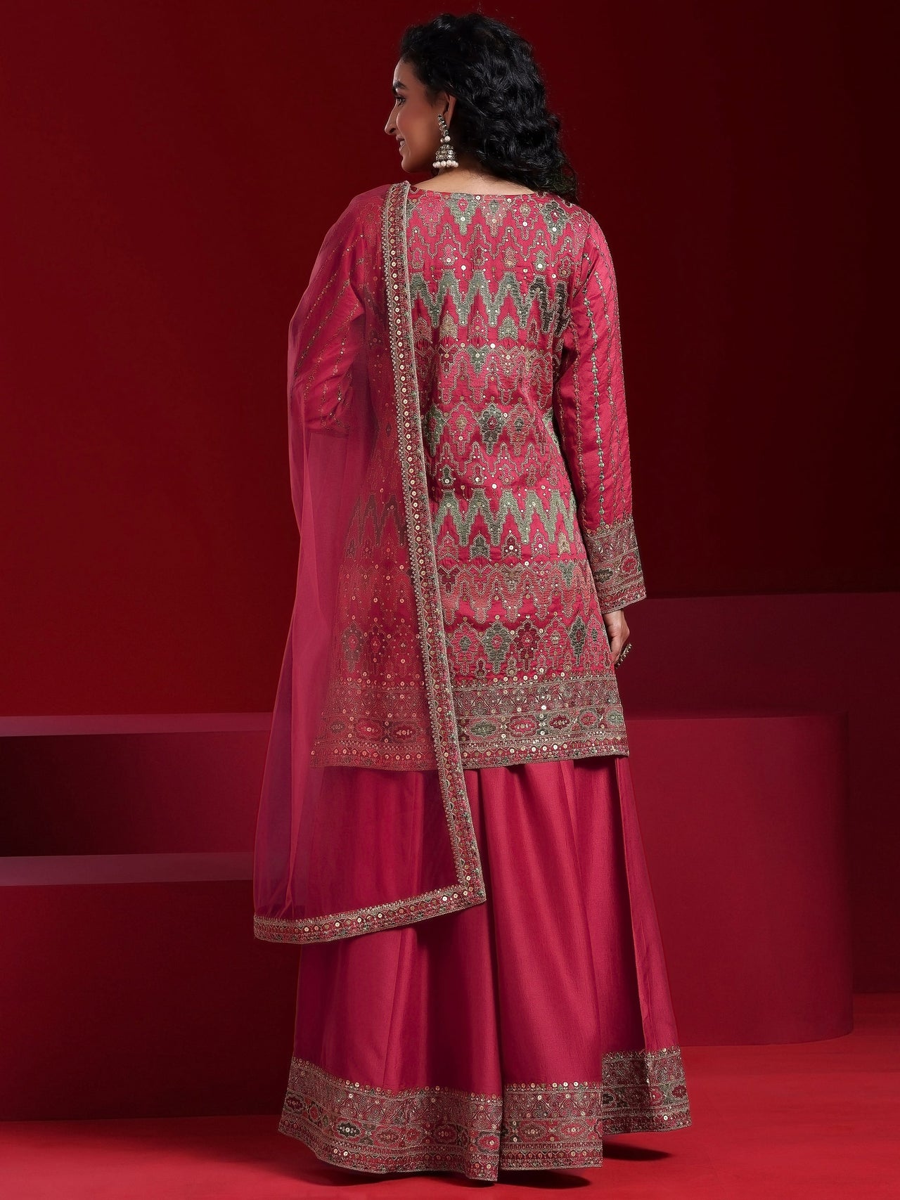 Libas Art Coral Embroidered Silk Blend Straight Suit with Dupatta