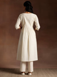 Off White Embroidered Cotton Straight Kurta Set
