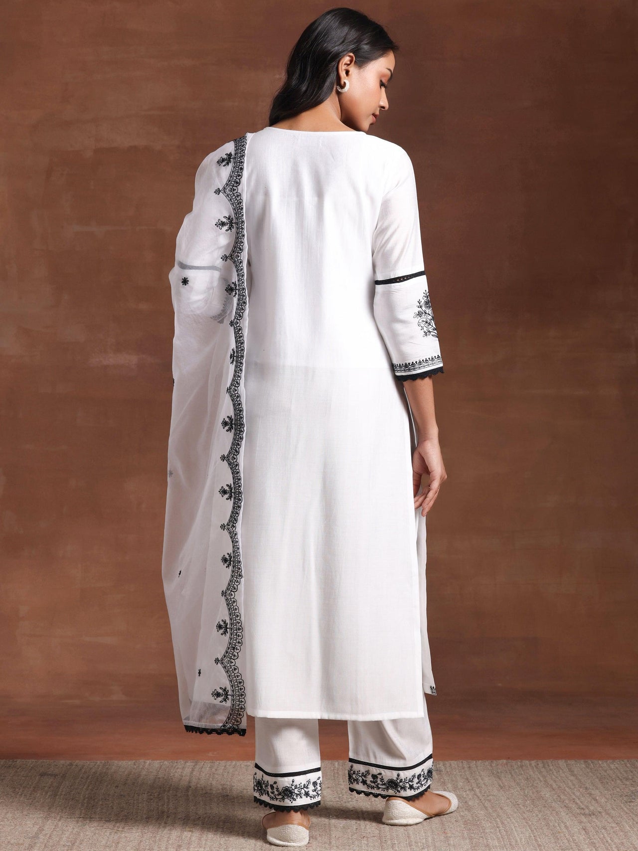 White Embroidered Silk Blend Straight Suit with Dupatta