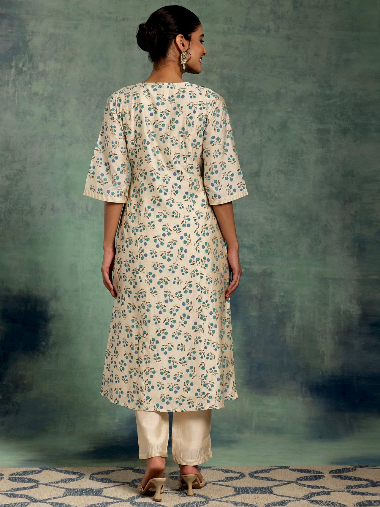 Beige Printed Chanderi Silk A-Line Kurta with Palazzos