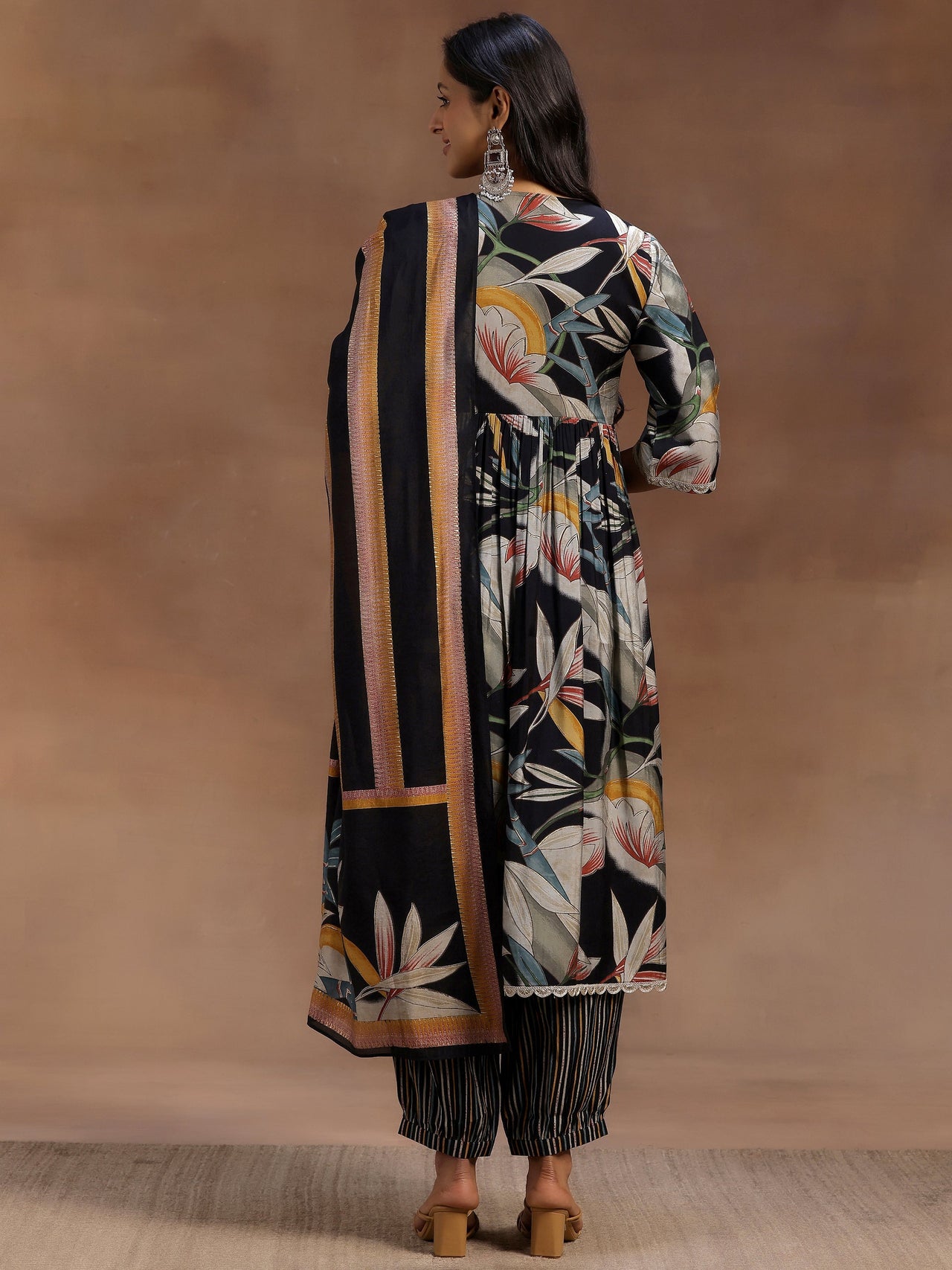 Black Printed Silk Blend A-Line Kurta with Salwar & Dupatta