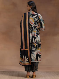 Black Printed Silk Blend A-Line Kurta with Salwar & Dupatta