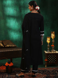 Black Embroidered Cotton Straight Suit with Dupatta