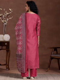 Pink Printed Silk Blend Straight Suit with Dupatta