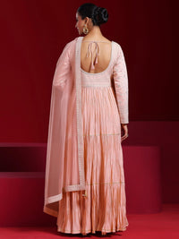 Libas Art Peach Embroidered Cotton Blend A-Line Kurta with Trousers & Dupatta