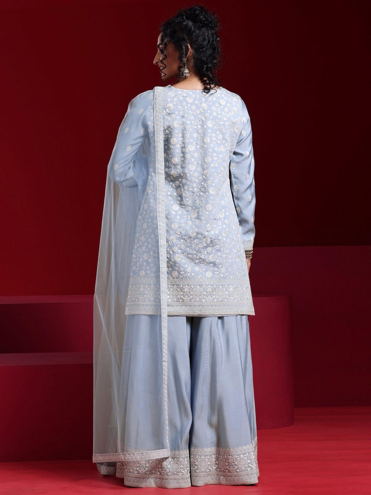 Libas Art Grey Embroidered Silk Blend Straight Suit with Dupatta