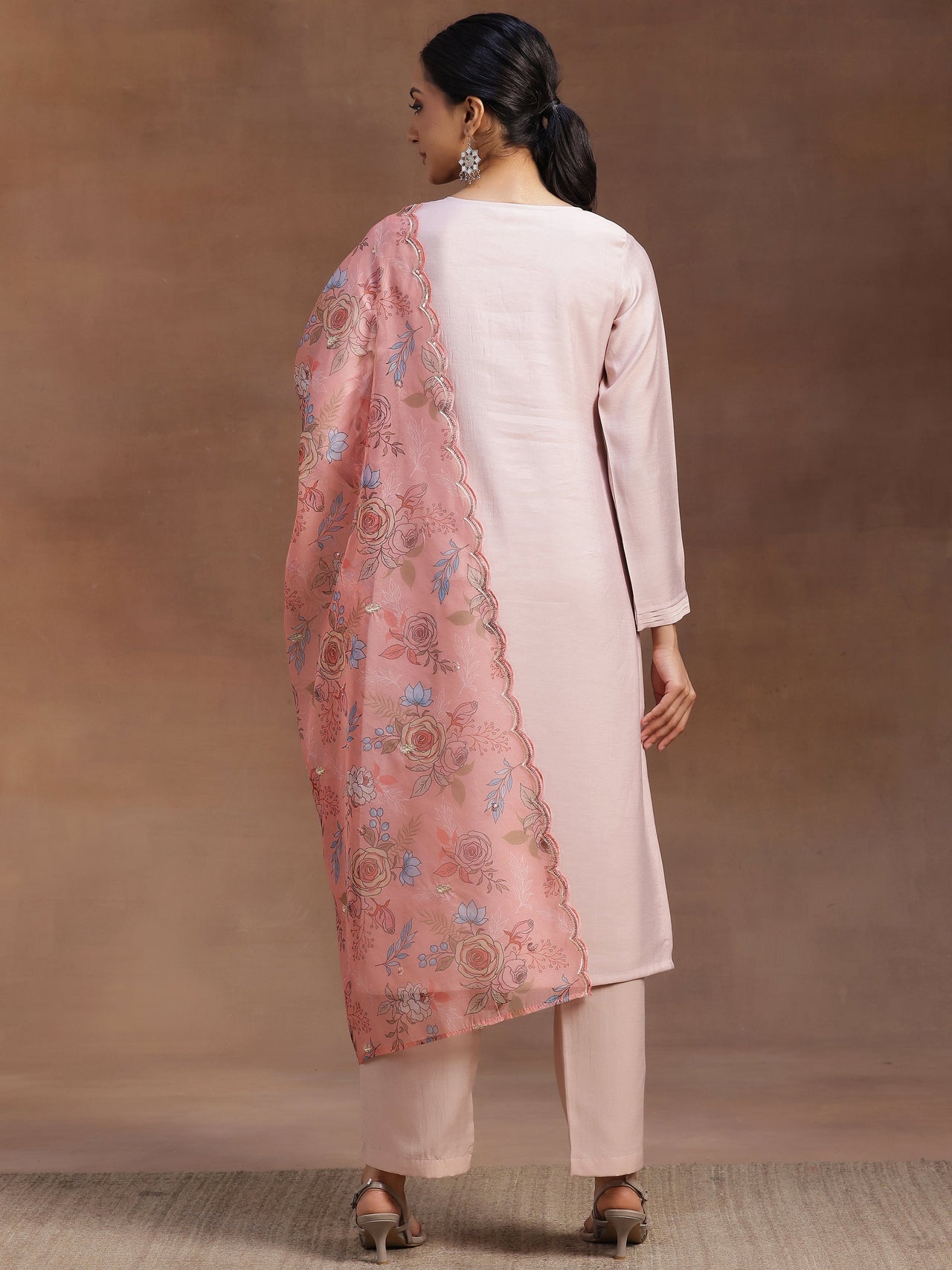 Peach Yoke Design Silk Blend Straight Suit with Dupatta