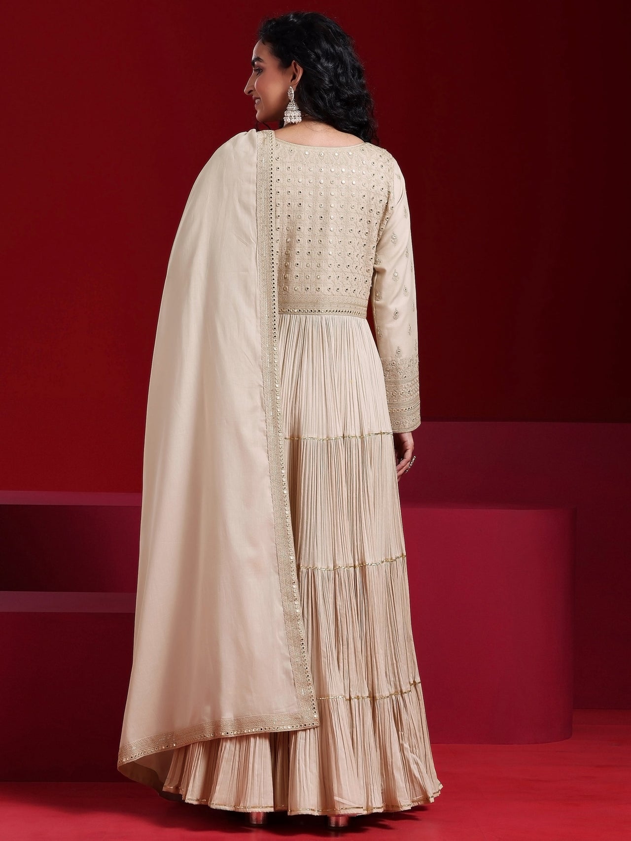 Libas Art Grey Embroidered Cotton Blend A-Line Kurta with Trousers & Dupatta