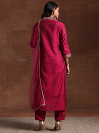 Pink Self Design Silk Blend Straight Suit with Dupatta
