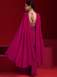 Libas Art Pink Embroidered Georgette A-Line Kurta with Sharara & Dupatta