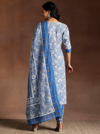 Blue Printed Cotton Straight Suit with Dupatta