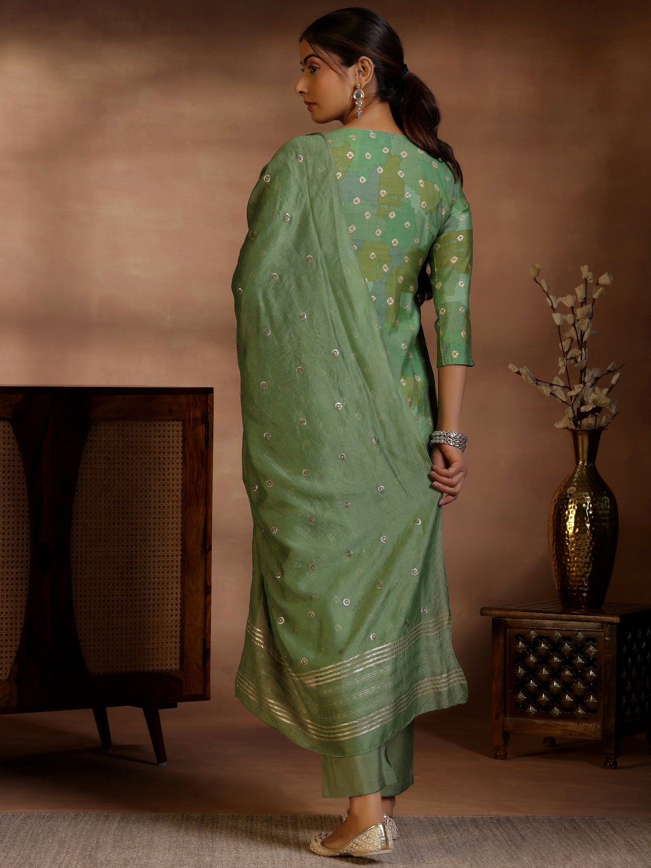 Green Printed Silk Blend Straight Suit with Dupatta