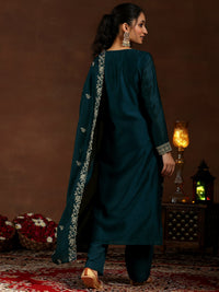 Teal Embroidered Silk Blend Straight Suit with Dupatta