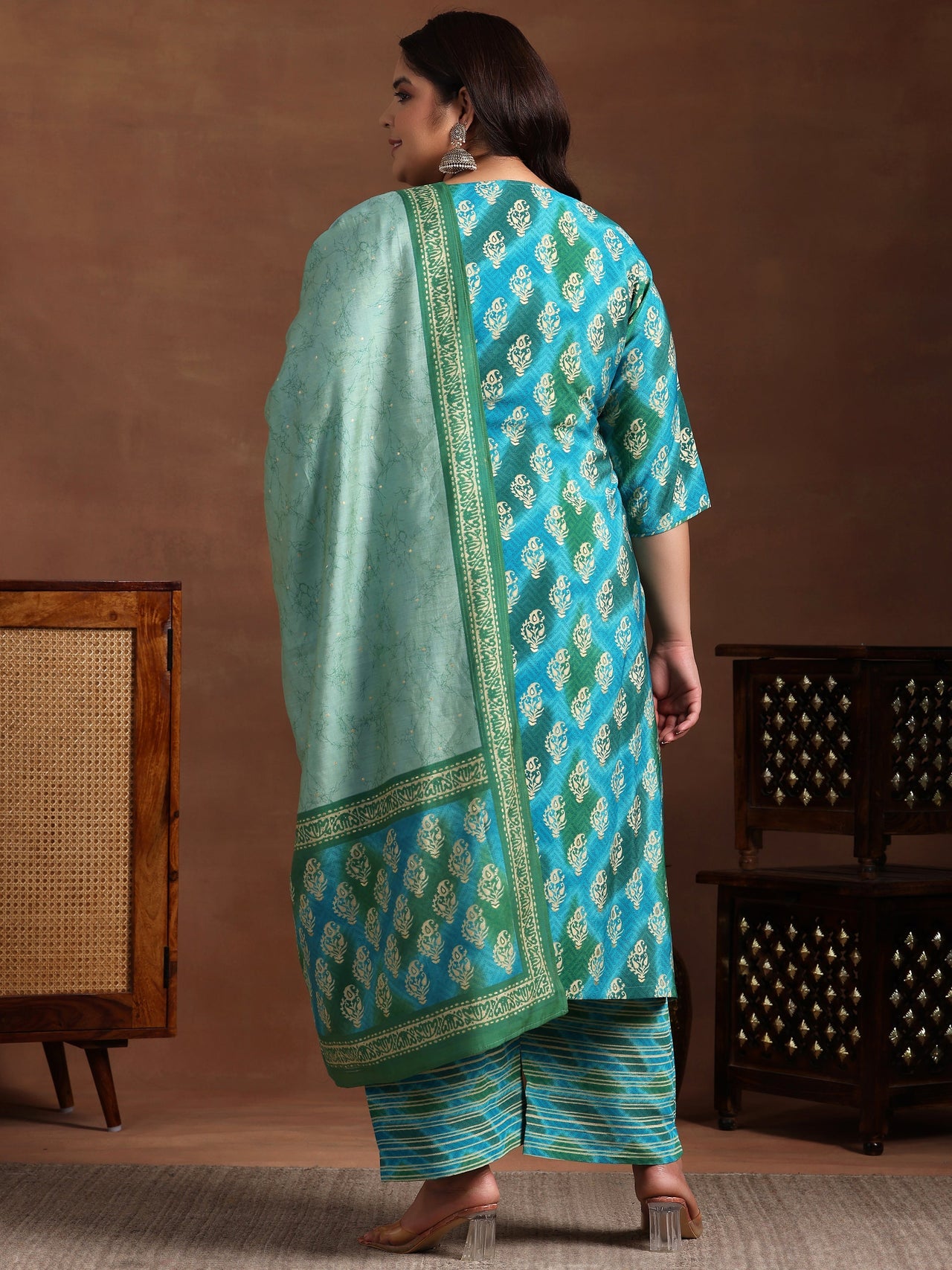 Plus Size Blue Printed Silk Blend Straight Suit with Dupatta