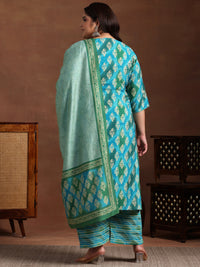 Plus Size Blue Printed Silk Blend Straight Suit with Dupatta