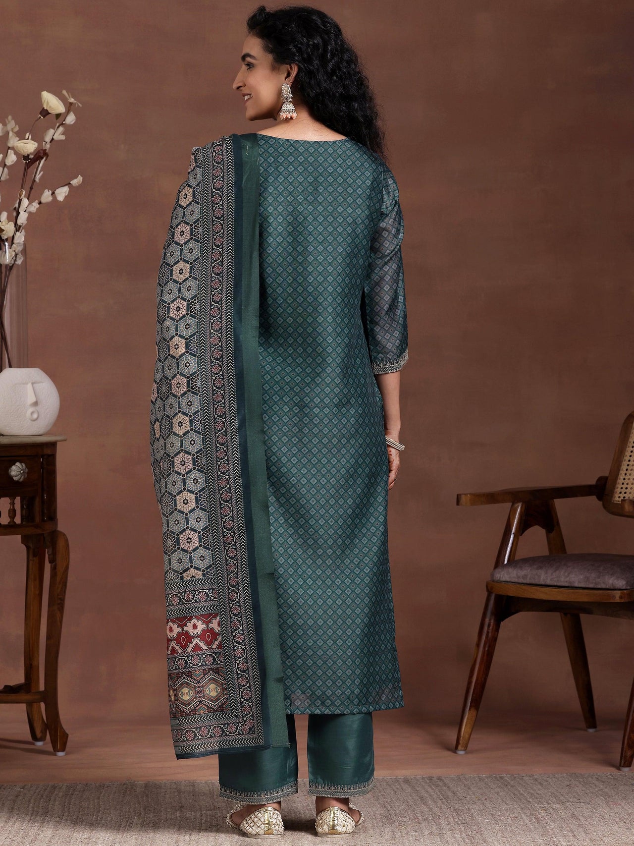 Teal Printed Silk Blend Straight Suit with Dupatta