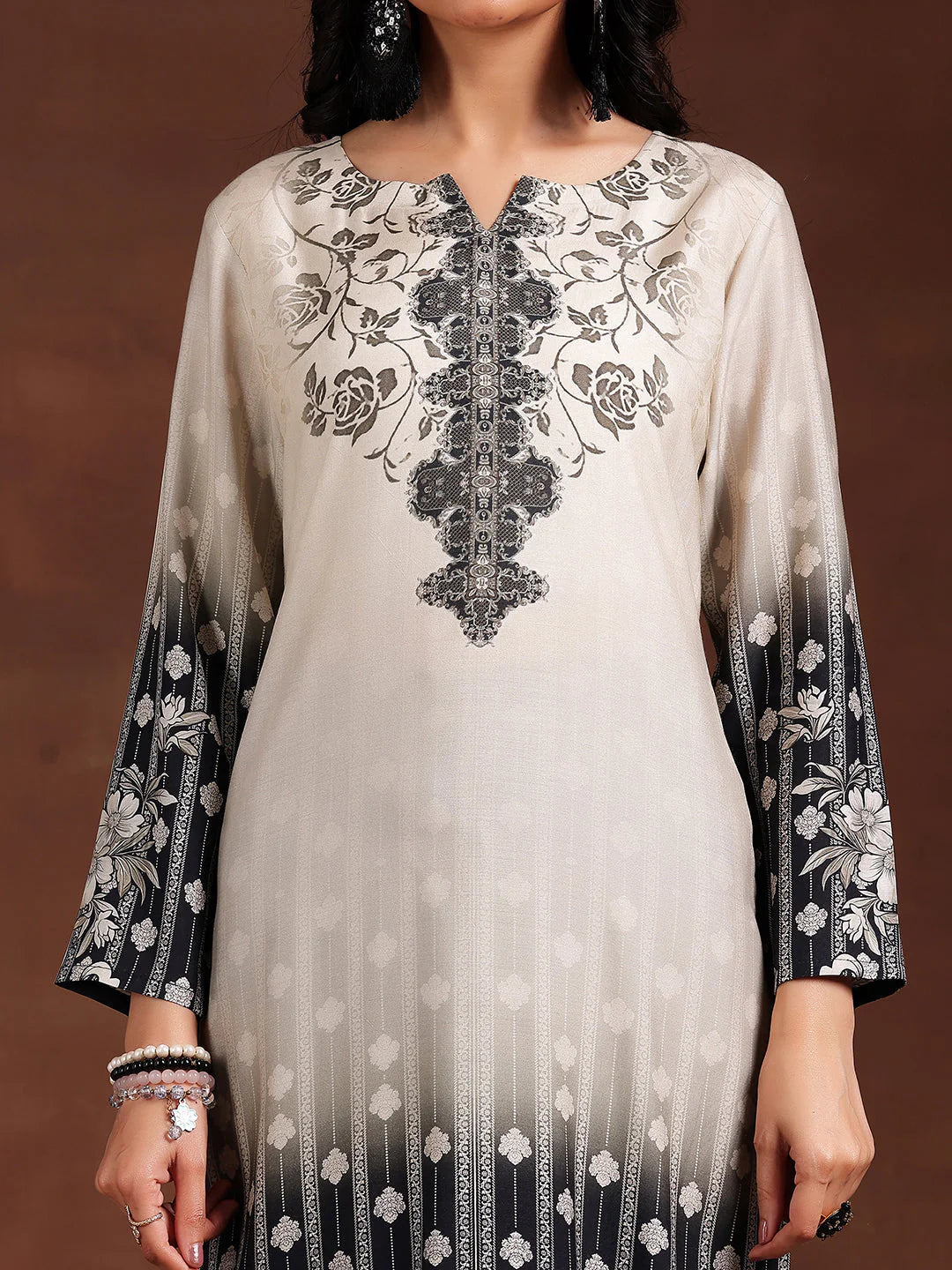 Monochrome Printed Silk Blend Straight Suit with Dupatta
