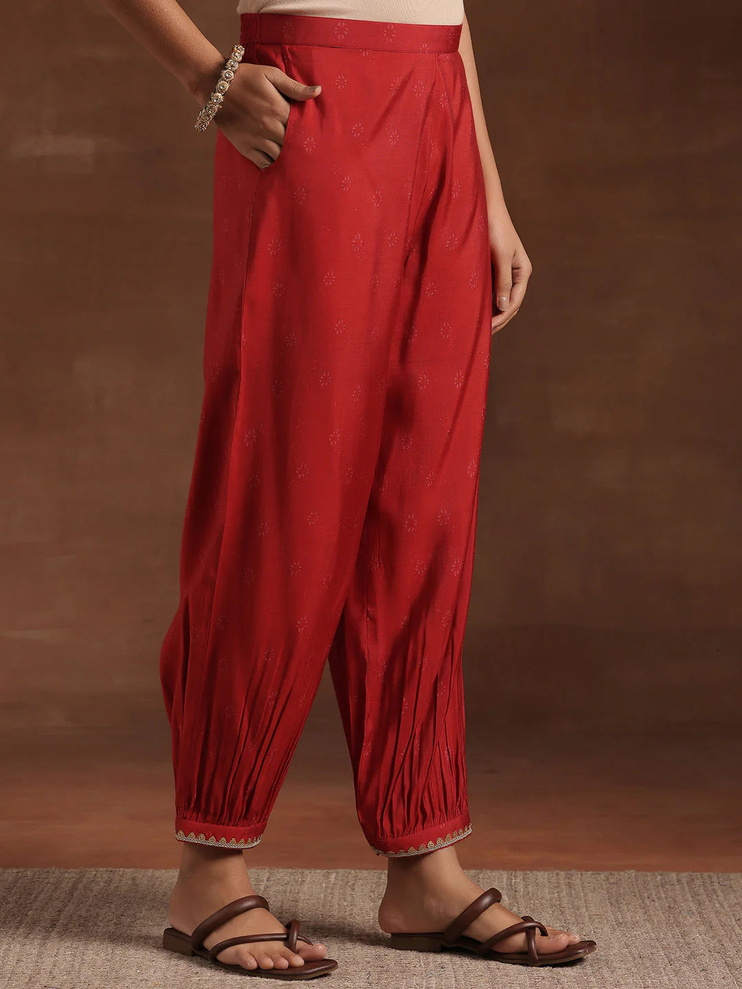 Red Woven Design Silk Blend Straight Suit with Dupatta