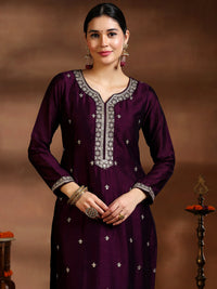 Wine Embroidered Silk Blend Straight Suit with Dupatta