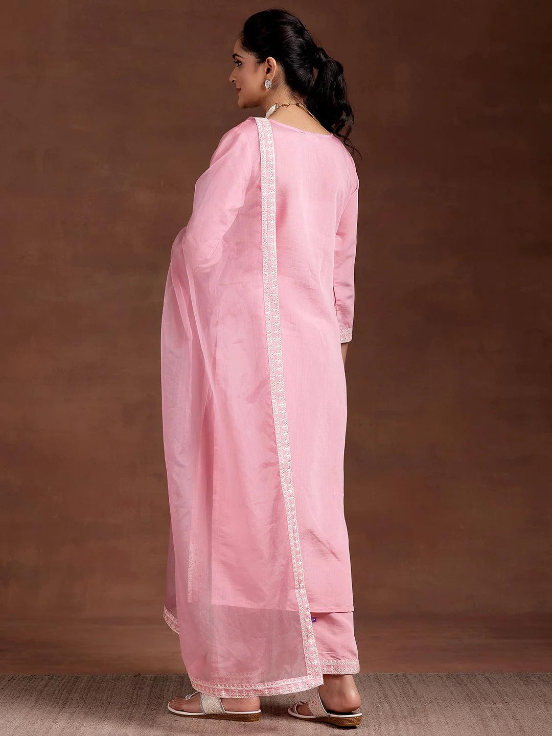 Pink Embroidered Silk Blend Straight Suit with Dupatta