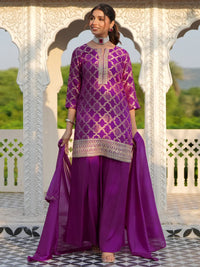 Magenta Woven Design Silk Blend Straight Suit with Dupatta