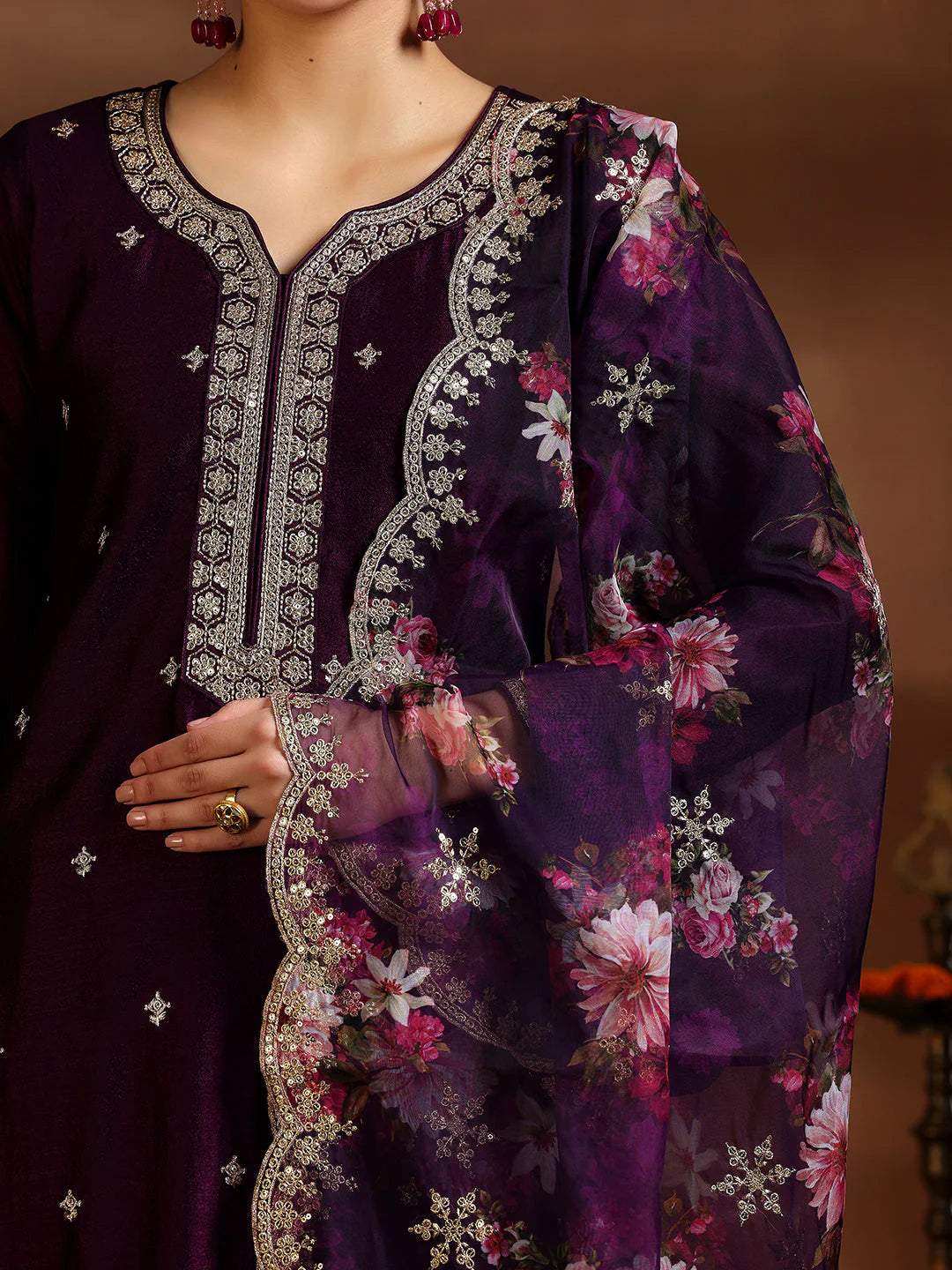 Wine Embroidered Silk Blend Straight Suit with Dupatta
