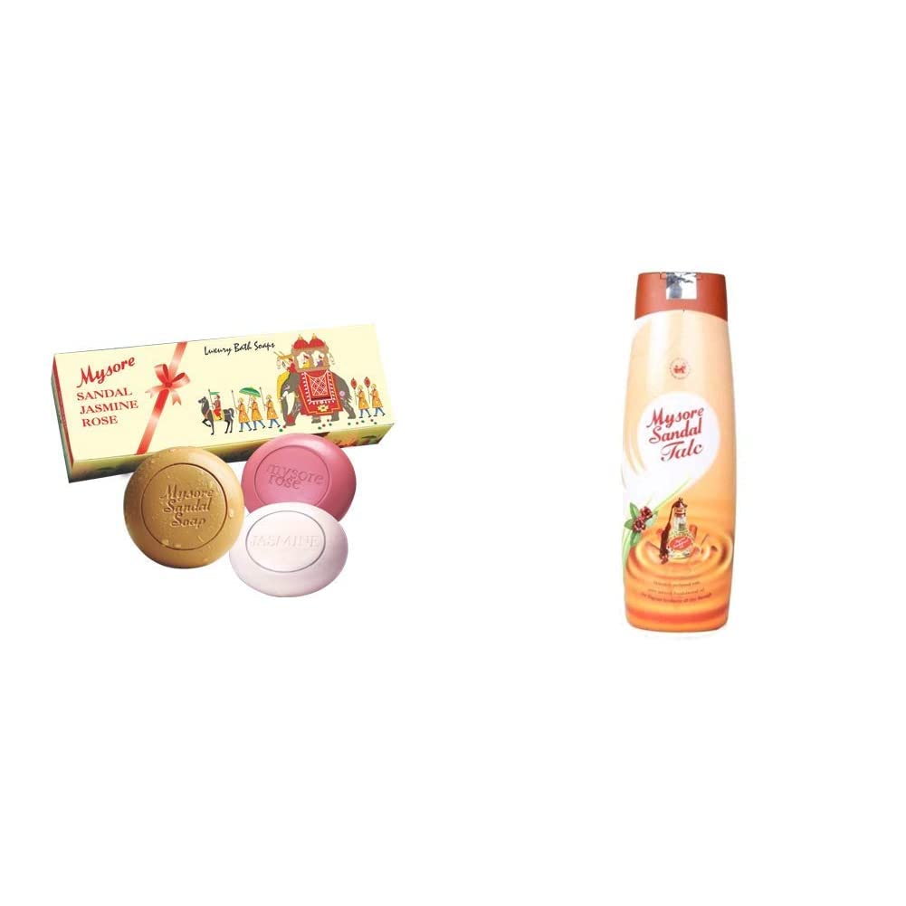Mysore Sandal, Jasmine And Rose Soap, 450g (Pack Of 3) And Mysore Sandal Talc, 300g