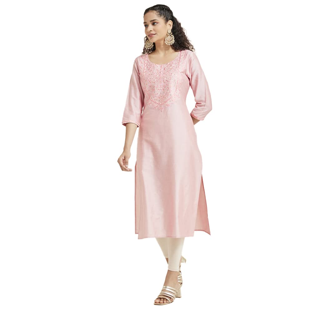 Kashish Women's  Viscose Embroidered Round Neck Straight Fit Kurta