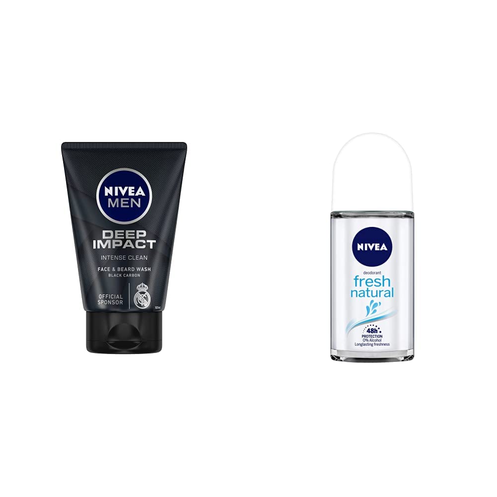 Nivea Men Face Wash, Deep Impact Intense Clean, 100g & Deodorant Roll On, Fresh Natural, 50ml
