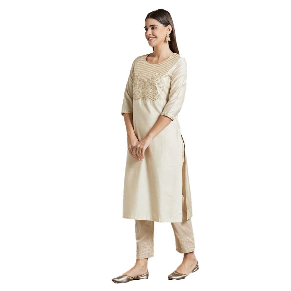 Kashish Women's  Viscose Embroidered Round Neck Straight Fit Kurta