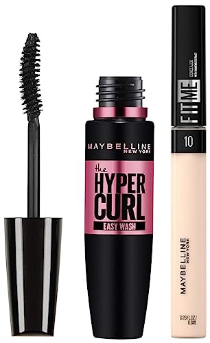 Maybelline New York Hypercurl Mascara Washable, Black, 9.2ml & Maybelline New York Fit Me Concealer,10 Light, 6.8ml