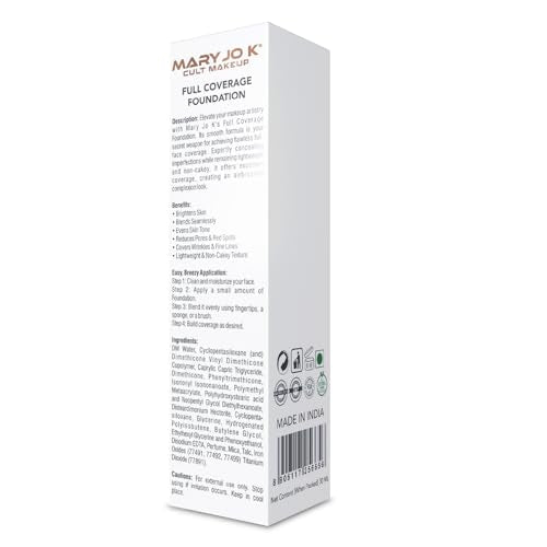 MARY JO K Full Coverage Foundation 03 – Buildable, Long-Wear & Natural Finish – Suitable for All Skin Types – Matte Cream Foundation with Pump – 30ml