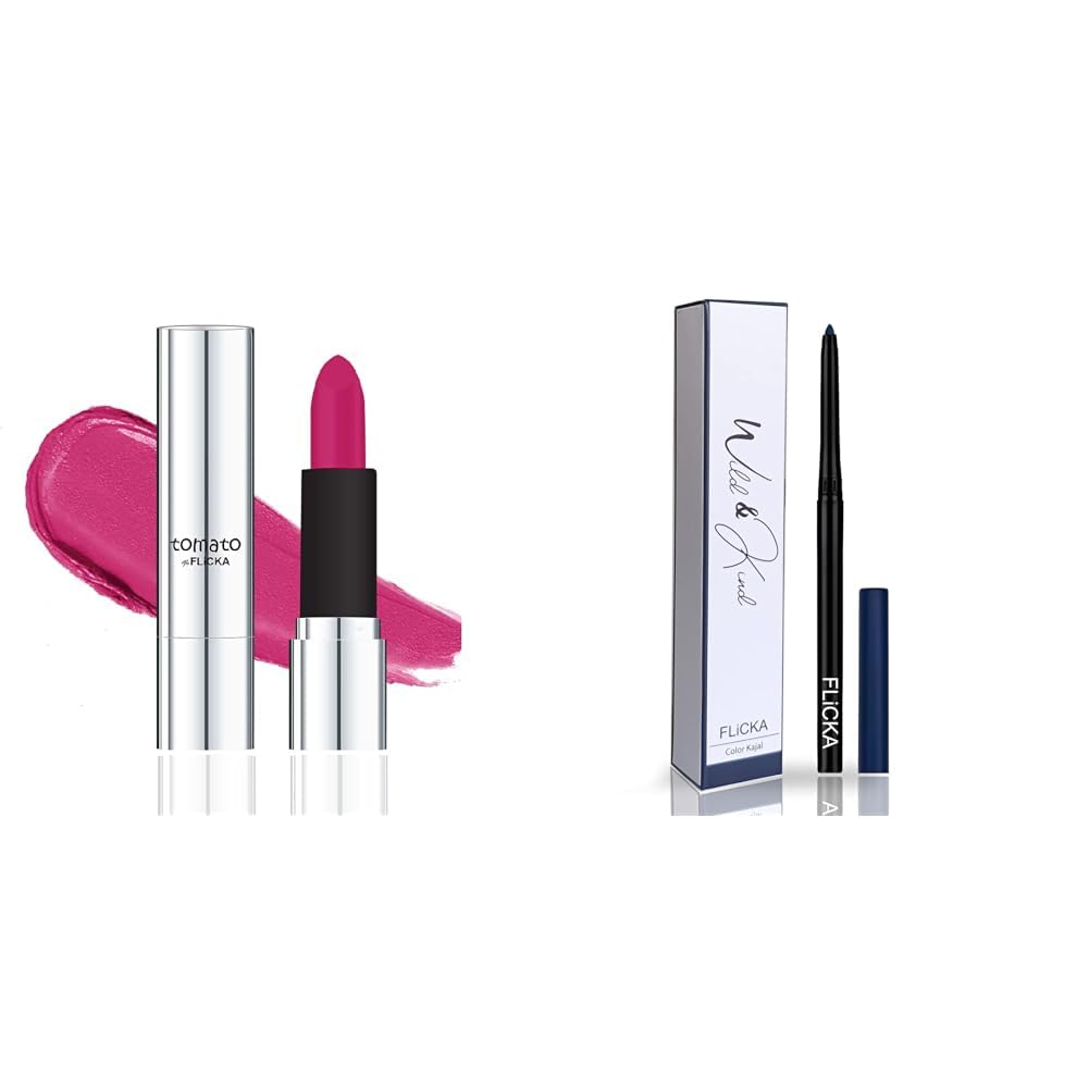 FLiCKA Tomato Bullet Matte Lipstick| Nontransfer Lipstick, Waterproof, Hydrating, Moisturizing, Upto 6Hrs, Shade 20, 4g Wild & Kind Twist Kajal Pen 05 Regal Blue Waterproof & Long Lasting 0.30gm