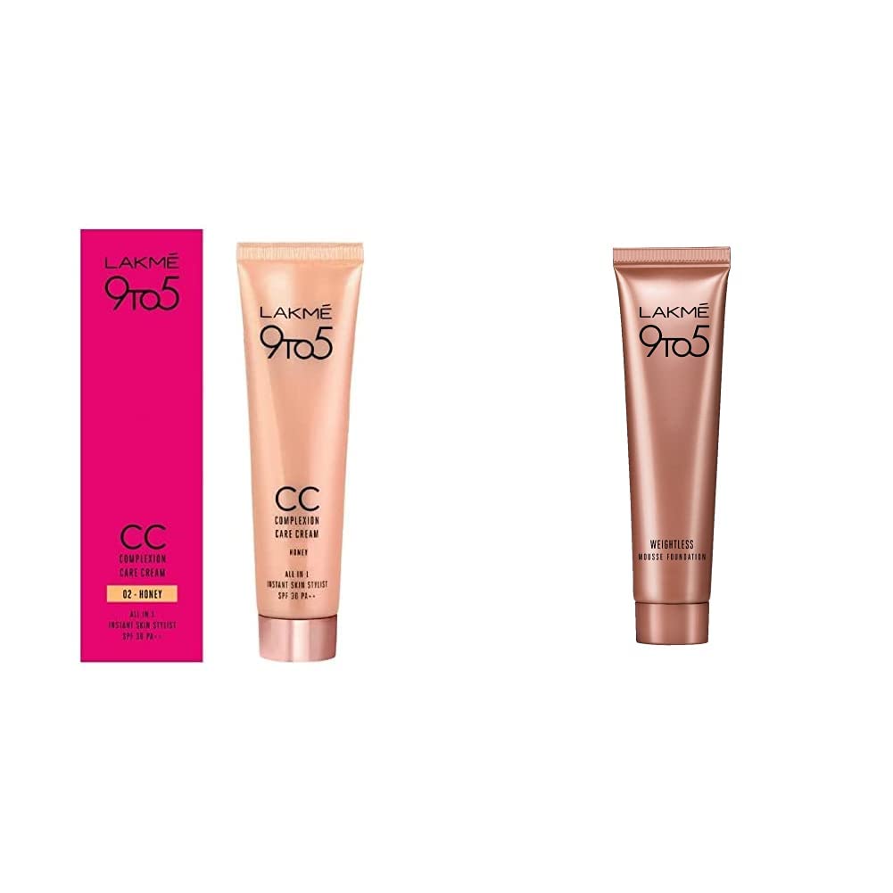 LAKMÉ 9 to 5 Complexion Care CC Cream, Honey, 30g & 9 to 5 Weightless Mousse Foundation, Beige Vanilla, 6g