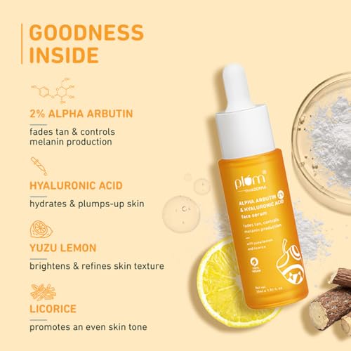 Plum 2% Alpha Arbutin & Hyaluronic Acid Face Serum | Fades Tan | Brightens Skin | Controls Melanin Production | with Yuzu Lemon & Licorice | Fragrance-Free | 100% Vegan | 30 ml