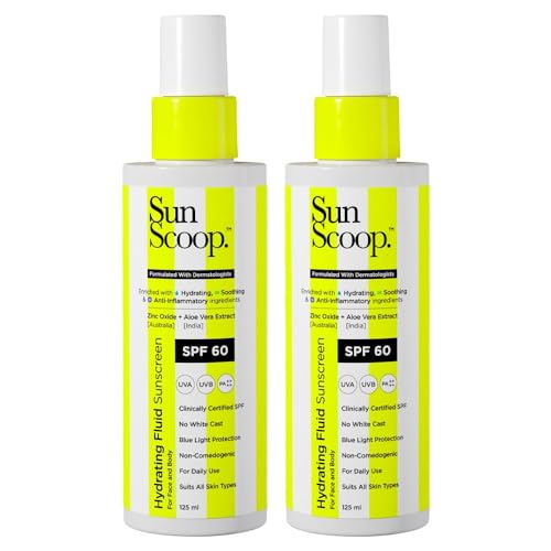 SunScoop Hydrating Face & Body Fluid Sunscreen Spray SPF 60 PA++++ | Water Resistant With Zinc Oxide, Broad Spectrum, No White Cast, Non-Comedogenic Quick Absorbing | For Men & Women-125ml(Pack of 2)