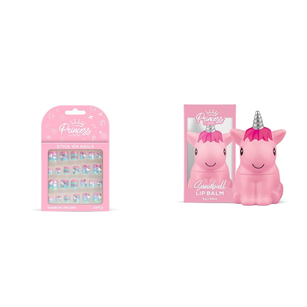 RENEE Princess Stick On Nails Rainbow Unicornquick Fix For Special Occasions & Princess Snowball Lip Balm 3Gm For Pre-Teen Girls, Pink