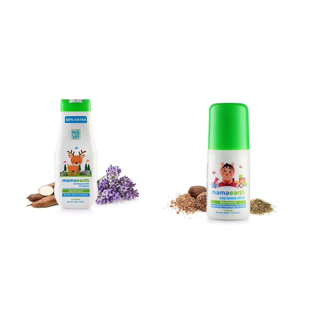 Mamaearth dusting Powder with Organic Oatmeal & Arrowroot Powder 150g & Easy Tummy Roll On for Digestion & Colic Relief with Hing & Fennel 40Ml Combo