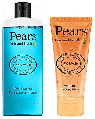 PEARS Pure and Gentle Daily Cleansing Facewash, 150 g & Pears Soft & Fresh Body Wash 250 ml (Combo Pack of 1) With Glycerin & Fresh Mint, Cooling Shower Gel for Bathing - Paraben Free, & Women