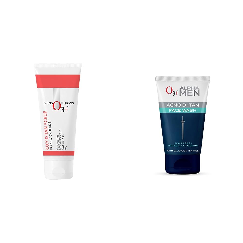 O3+ Oxy D-Tan Scrub 60g for Blackheads & Glowing Skin & O3+ ALPHA MEN Acno D-TAN Face Wash with Tea Tree 100g for Oily Skin Combo
