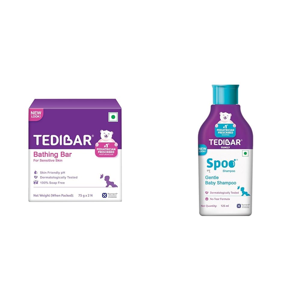 Tedibar Moisturising Baby Bathing Bar 75gx2 (Pack of 1) + Spoo Gentle Baby Shampoo 125ml No Tears - By Torrent Pharma