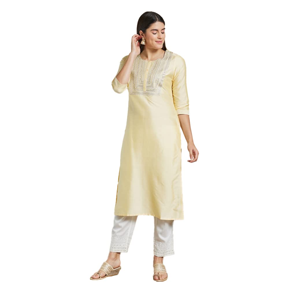 Kashish Women's  Viscose Embroidered Round Neck Straight Fit Kurta