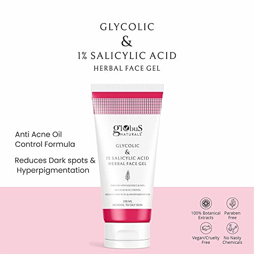 Globus Naturals Glycolic & 1% Salicylic Acid Anti-Acne Face Care Combo - Set of 4 Wash, Cream, Gel & Scrub
