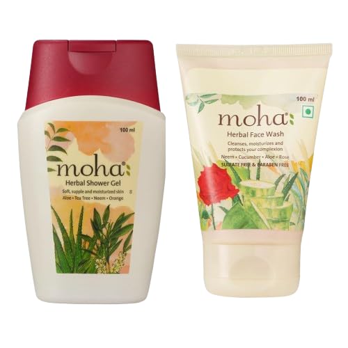 moha: Herbal Face Wash 100 ML and Herbal Shower Gel 100 ML Combo | Soft Supple & Moisturised Skin with Aloe, Tea Tree, Neem | Face Wash With Goodness Of Neem, Aleovera, Cucumber, Rose