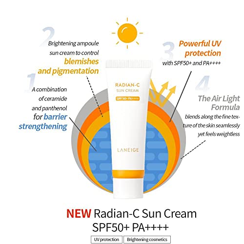 LANEIGE Radian-C SunCream SPF 50+ | Broad Spectrum UV PA++++ | Vitamin C Brightening Sunscreen | Light & Non-Greasy | No White Cast | Water Resistant | Suitable for All Skin | For Men & Women | 50ml