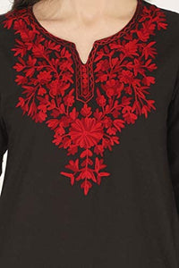 QAZMI Women's  Cotton Straight Embroidered Kurti Black L