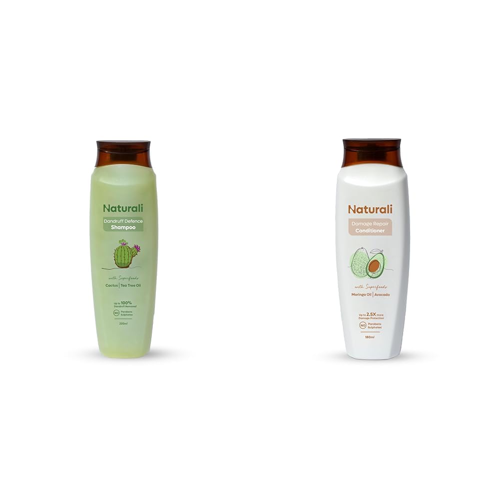 Naturali Dandruff Defence Shampoo + Damage Repair Conditioner | With Cactus, Tea Tree Oil, Avocado & Moringa Oil | Soothes Itchy Scalp | Reduces Dandruff | Repairs Dry, Damaged Hair | 200ml + 180ml