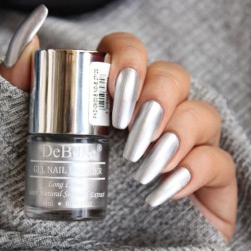 DeBelle Gel Nail Polish Chrome Silver (Metallic Silver Nail Paint)|Non UV - Gel Finish |Chip Resistant | Seaweed Enriched Formula| Long Lasting|Cruelty and Toxic Free| 8ml